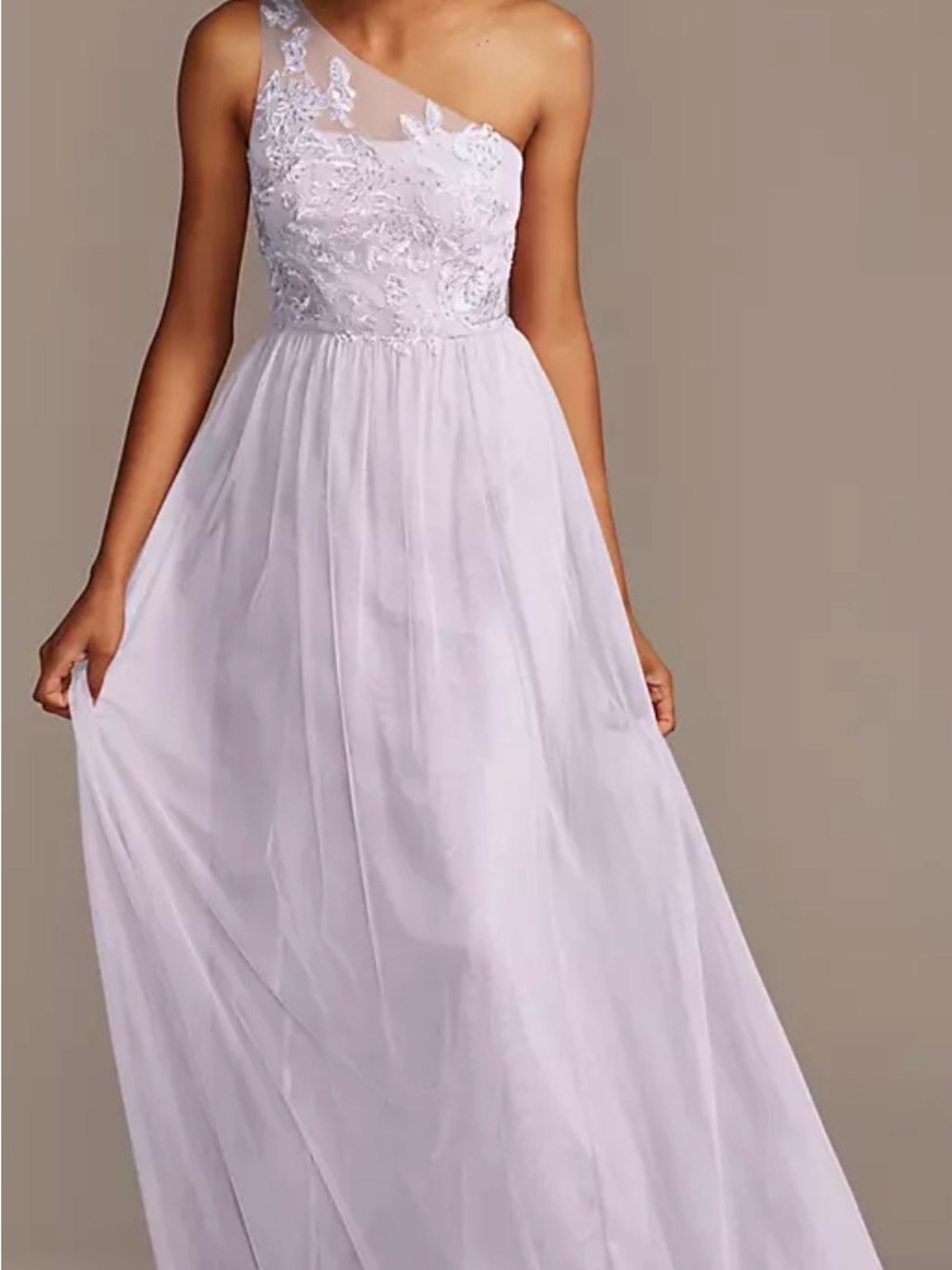 DB Studio ONE-SHOULDER EMBROIDERED SOFT NET BRIDESMAID DRESS,LAVENDRHAZE,8